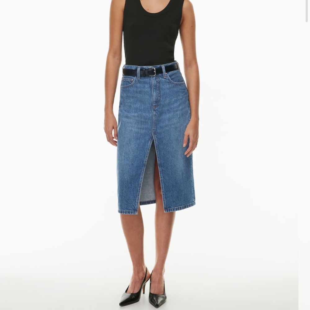Blue Denim Midi Skirt with Front Slit
